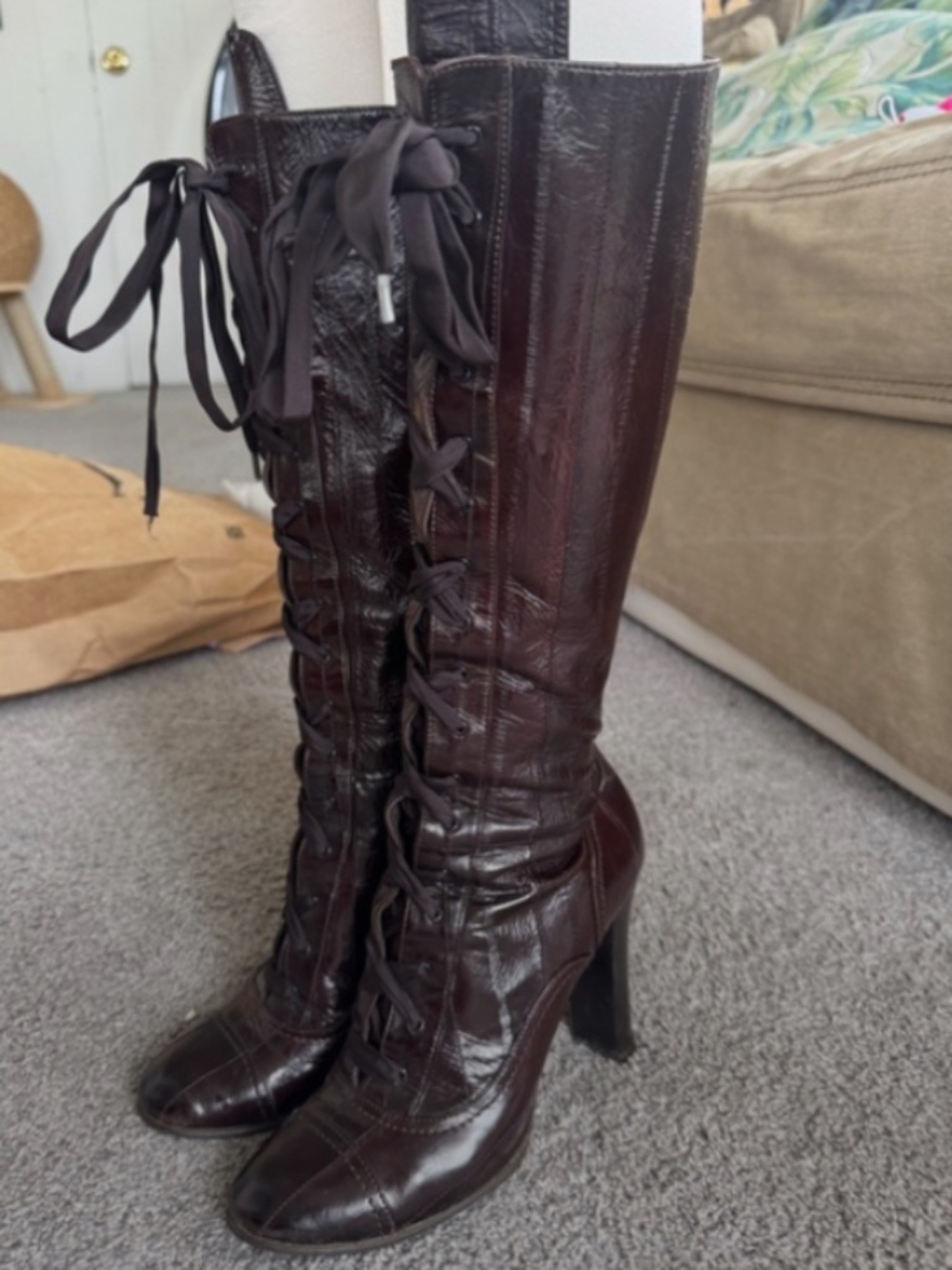 Burberry Dark Brown Lace-Up Knee-High Heeled Boots